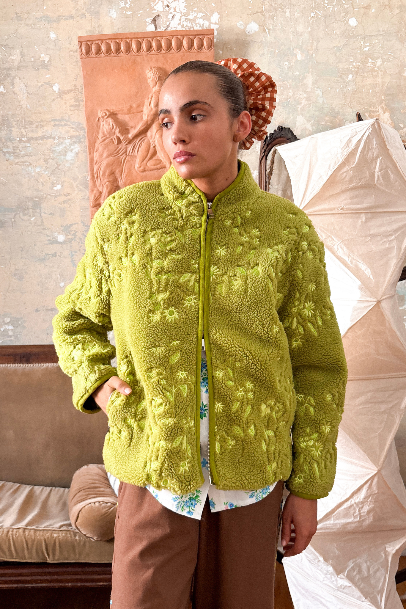 Embroidered Fleece Jacket - Matcha Garden – Variety Hour Studio Embroidered Fleece Jacket - Matcha Garden – Variety Hour Studio