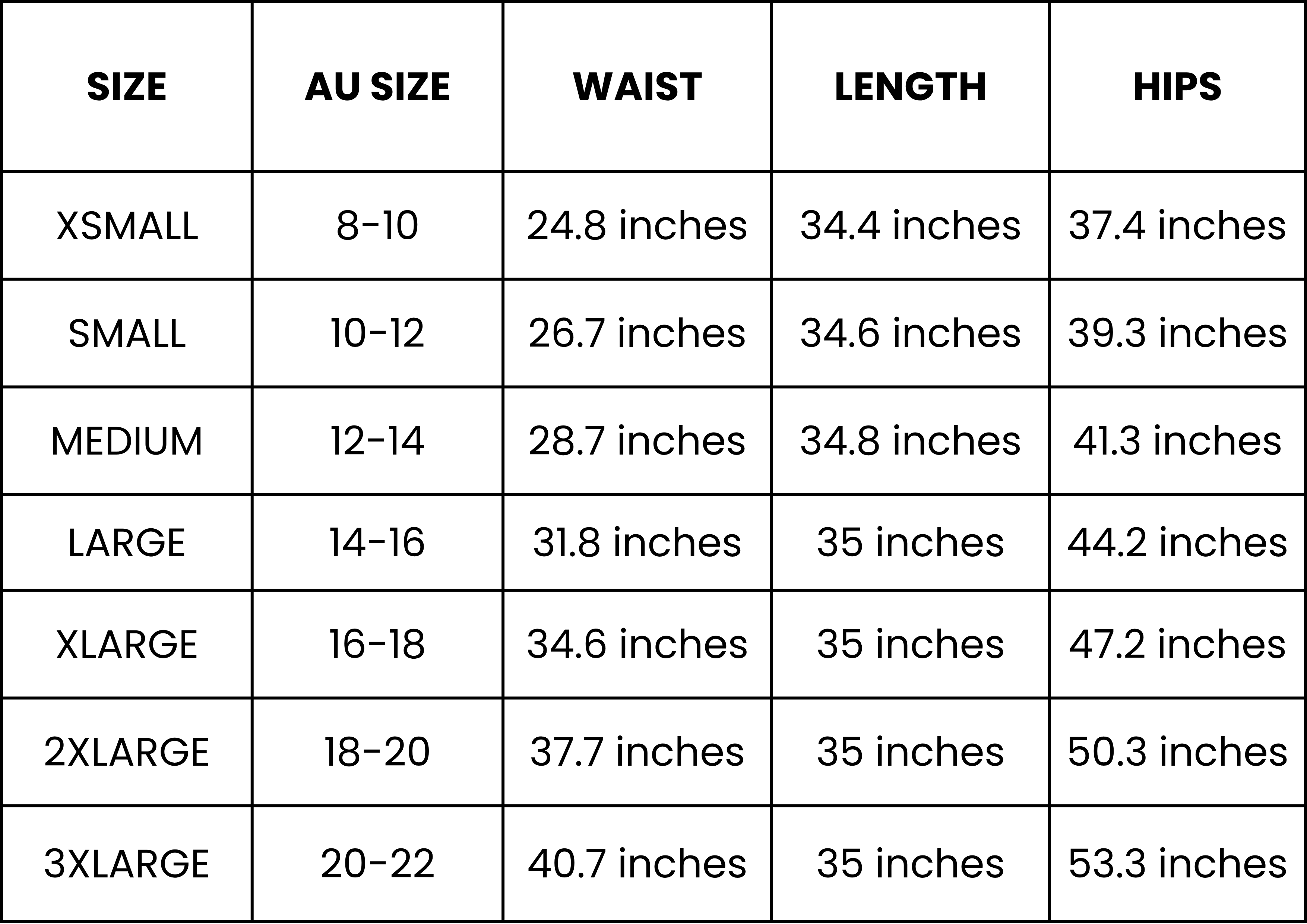 Size Guide (inches)