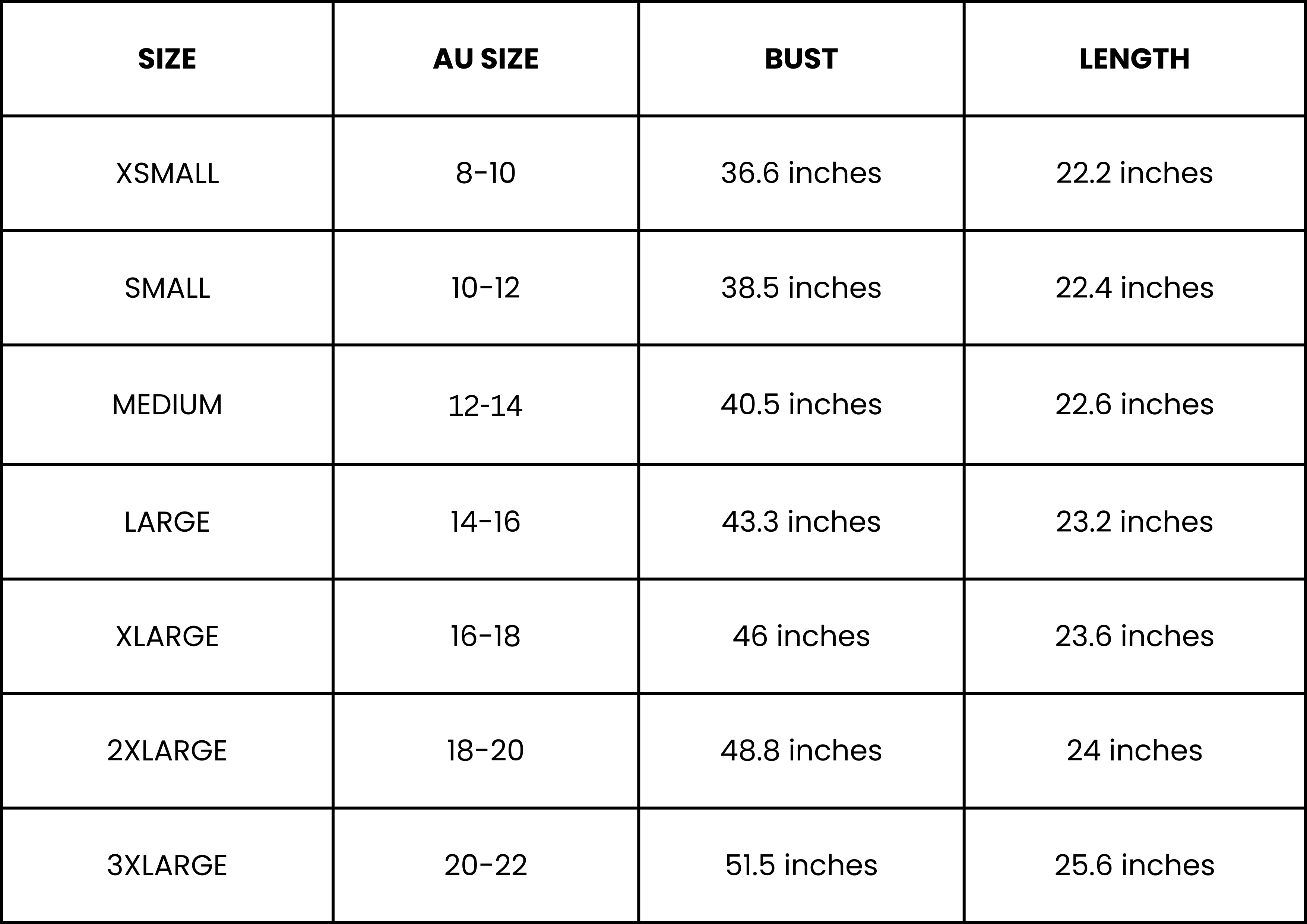 Size Guide (inches)