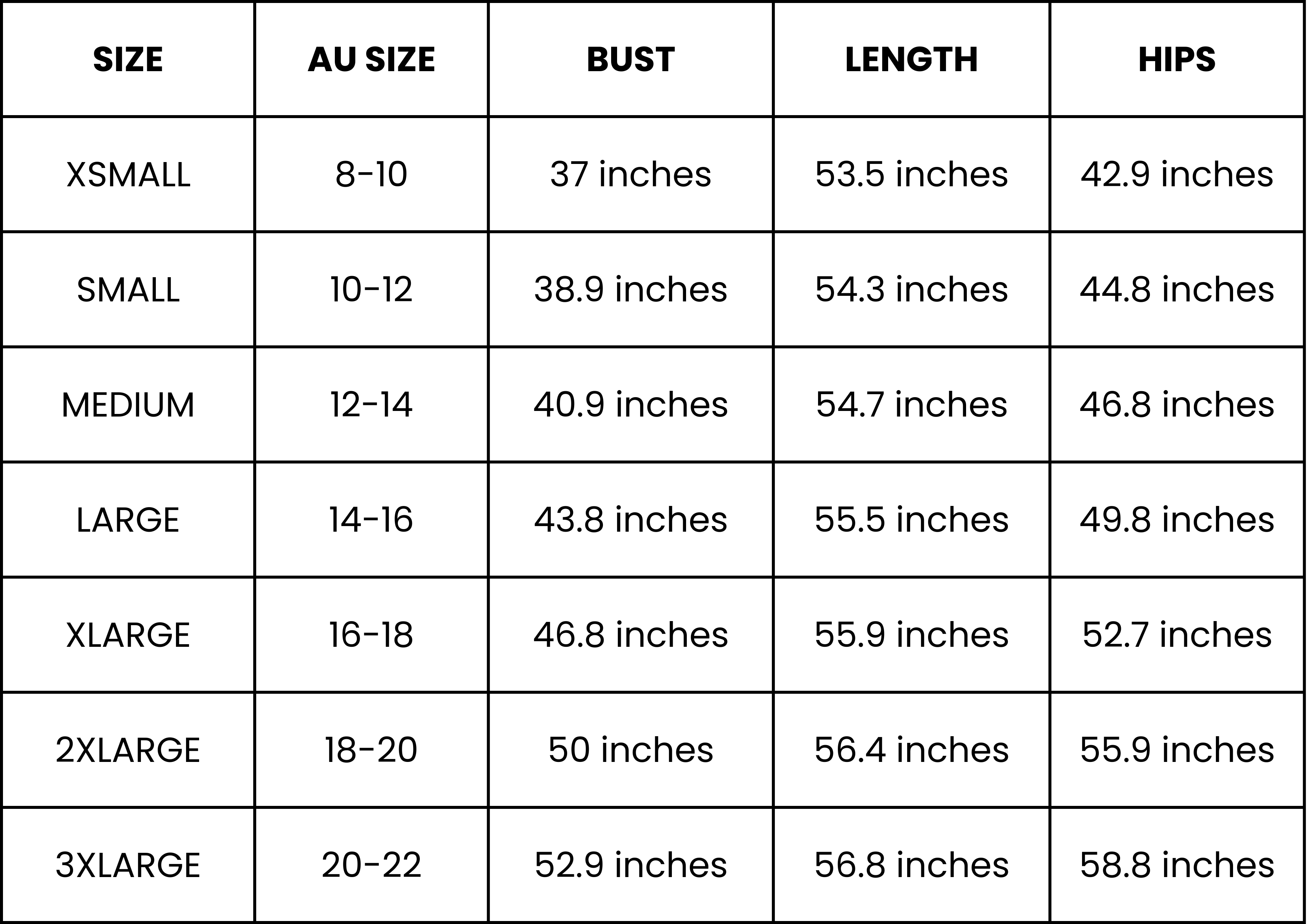 Size Guide (inches)