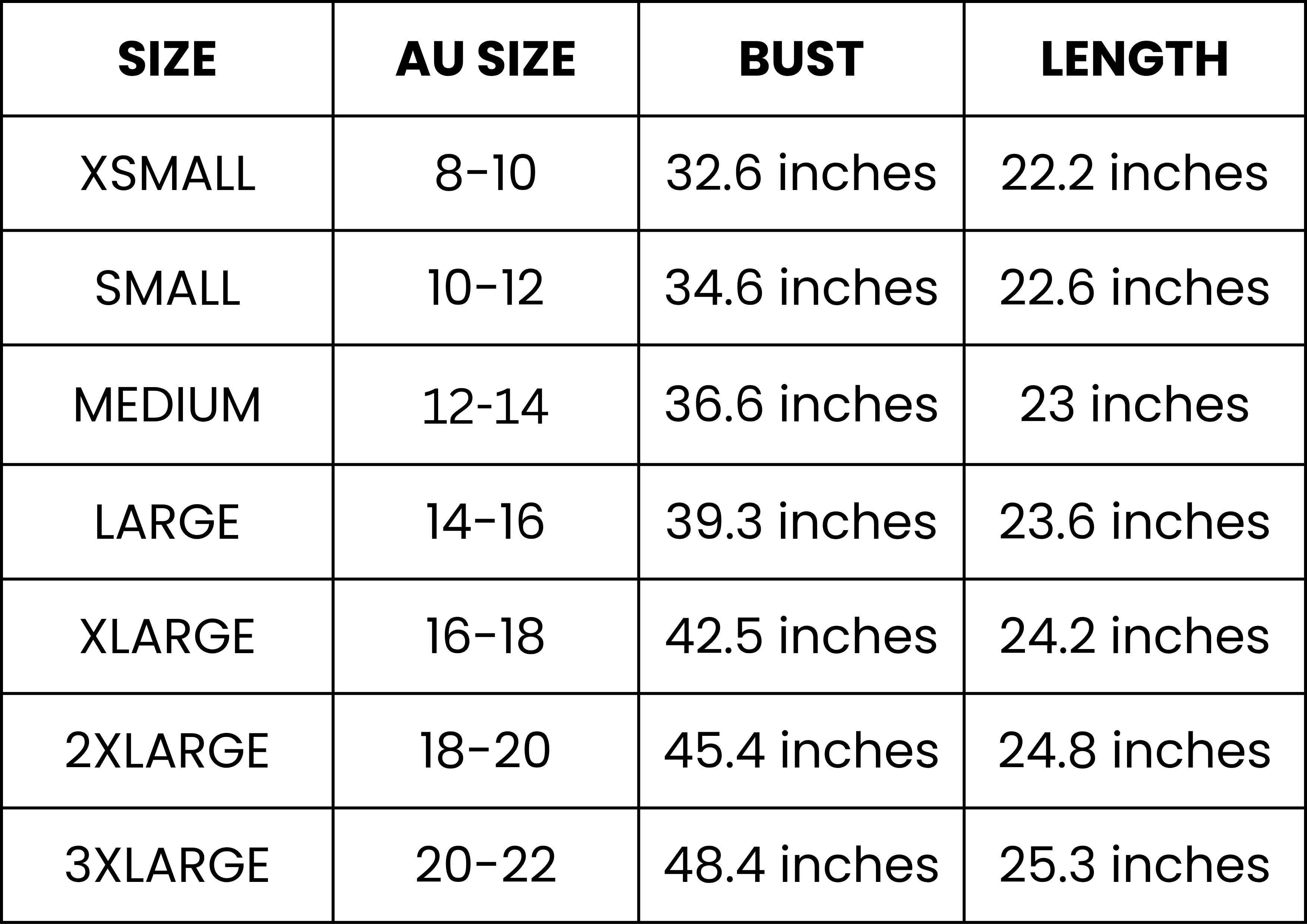 Size Guide (inches)