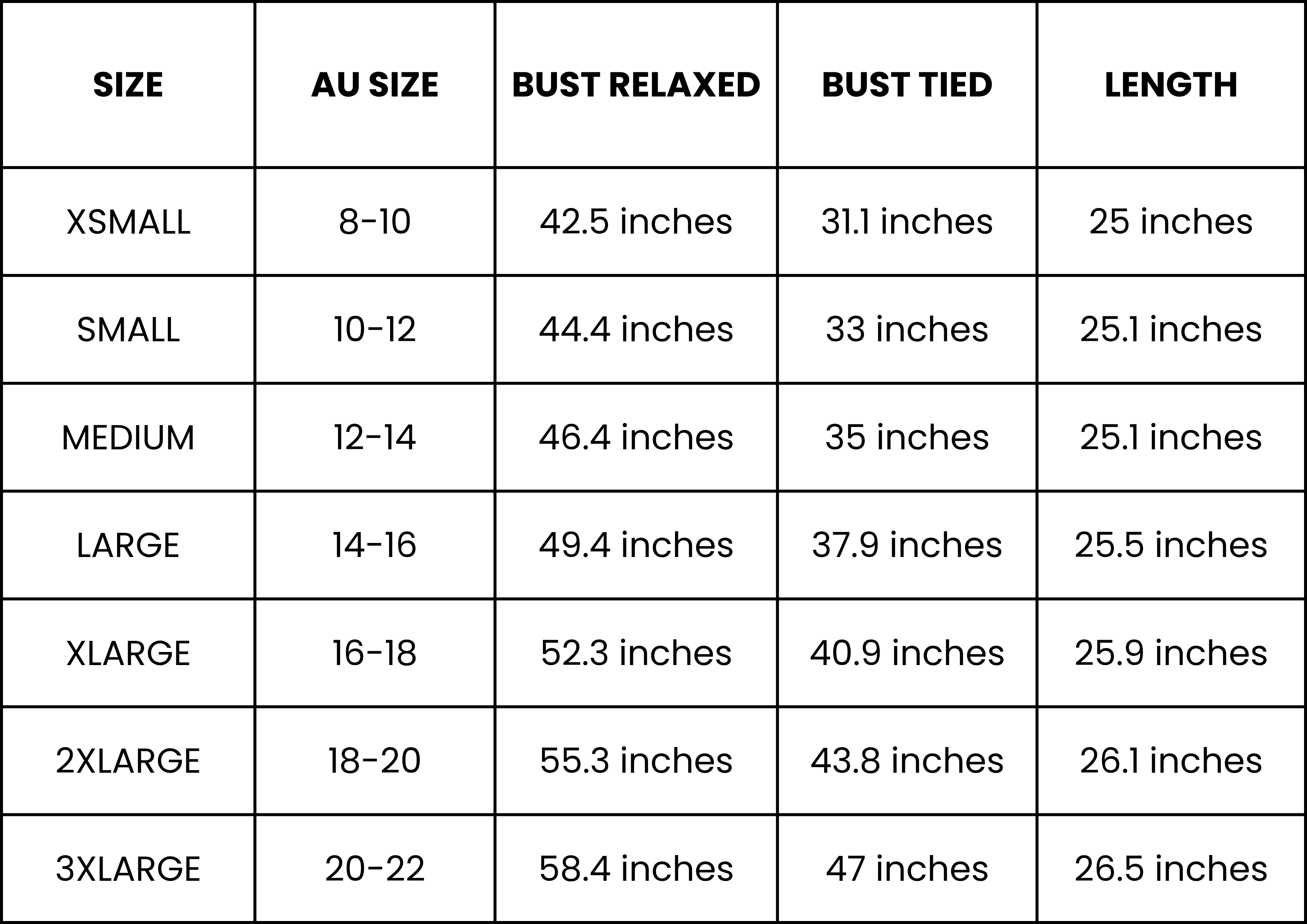 Size Guide (inches)