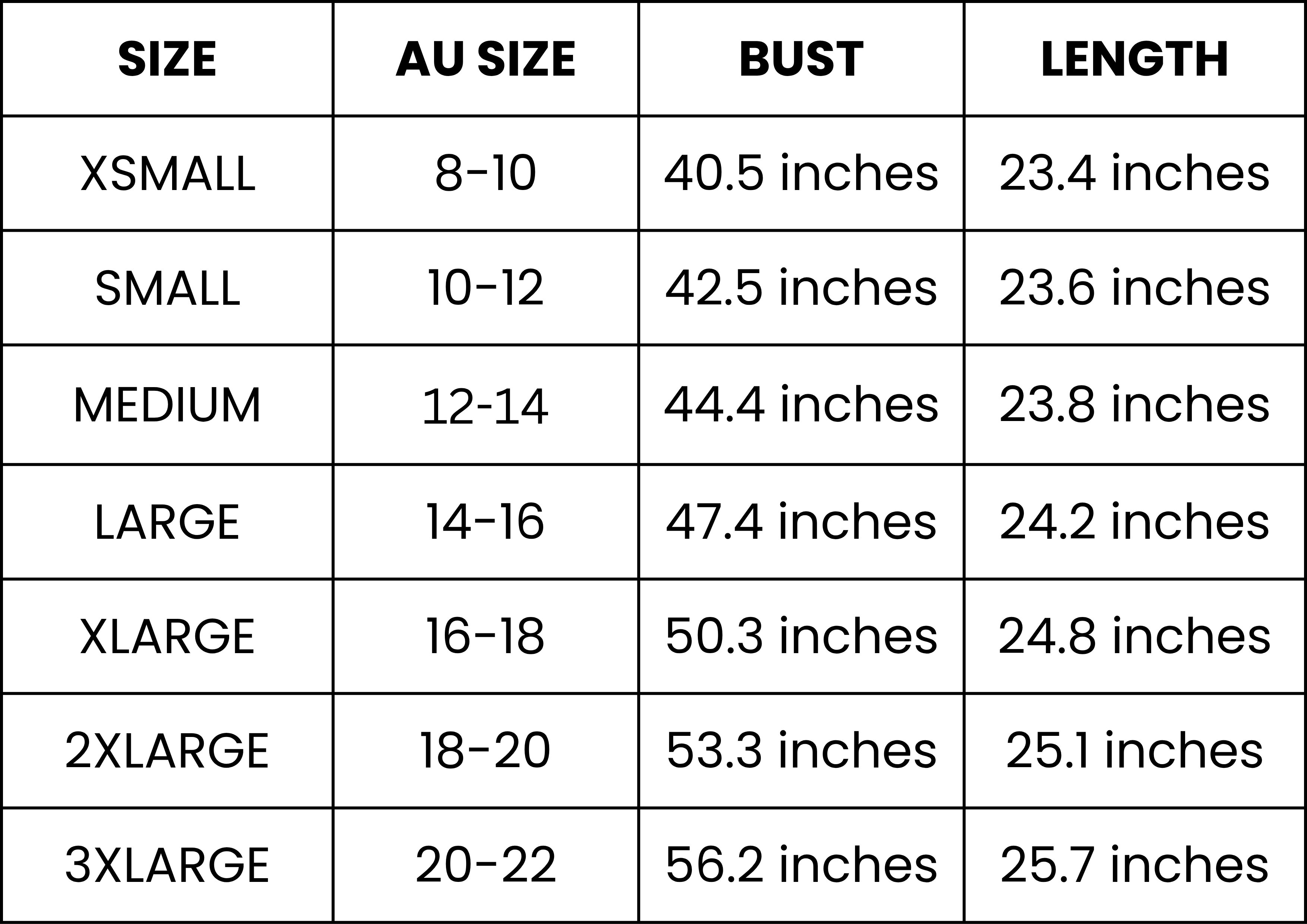 Size Guide (inches)
