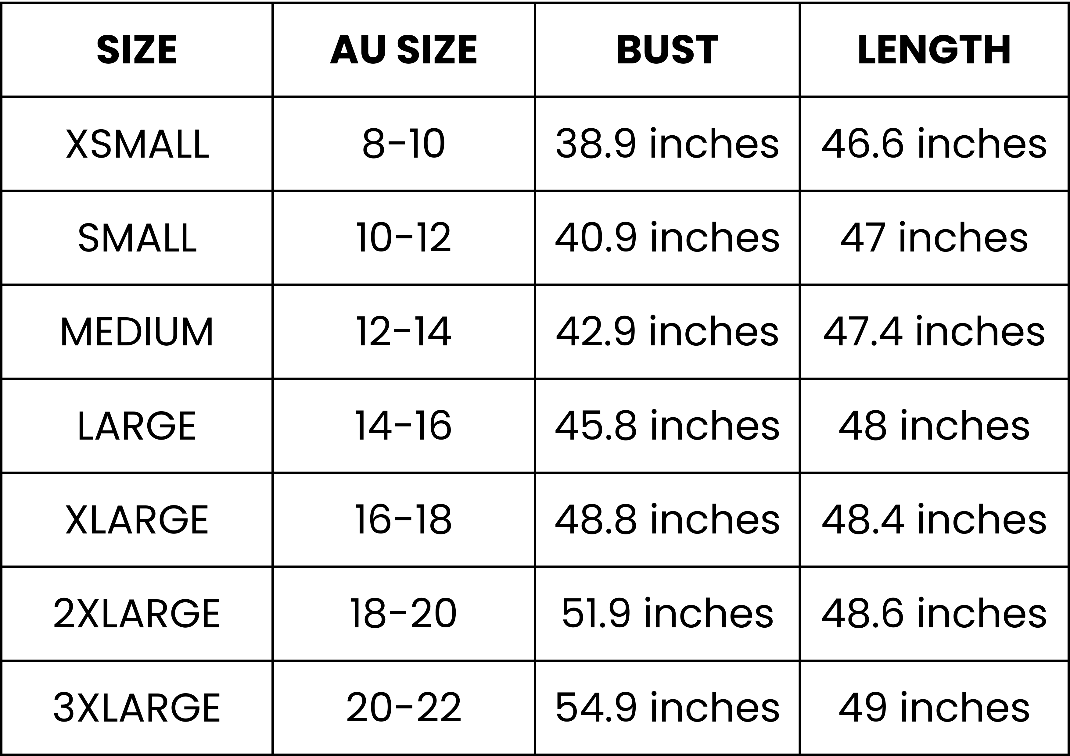 Size Guide (inches)