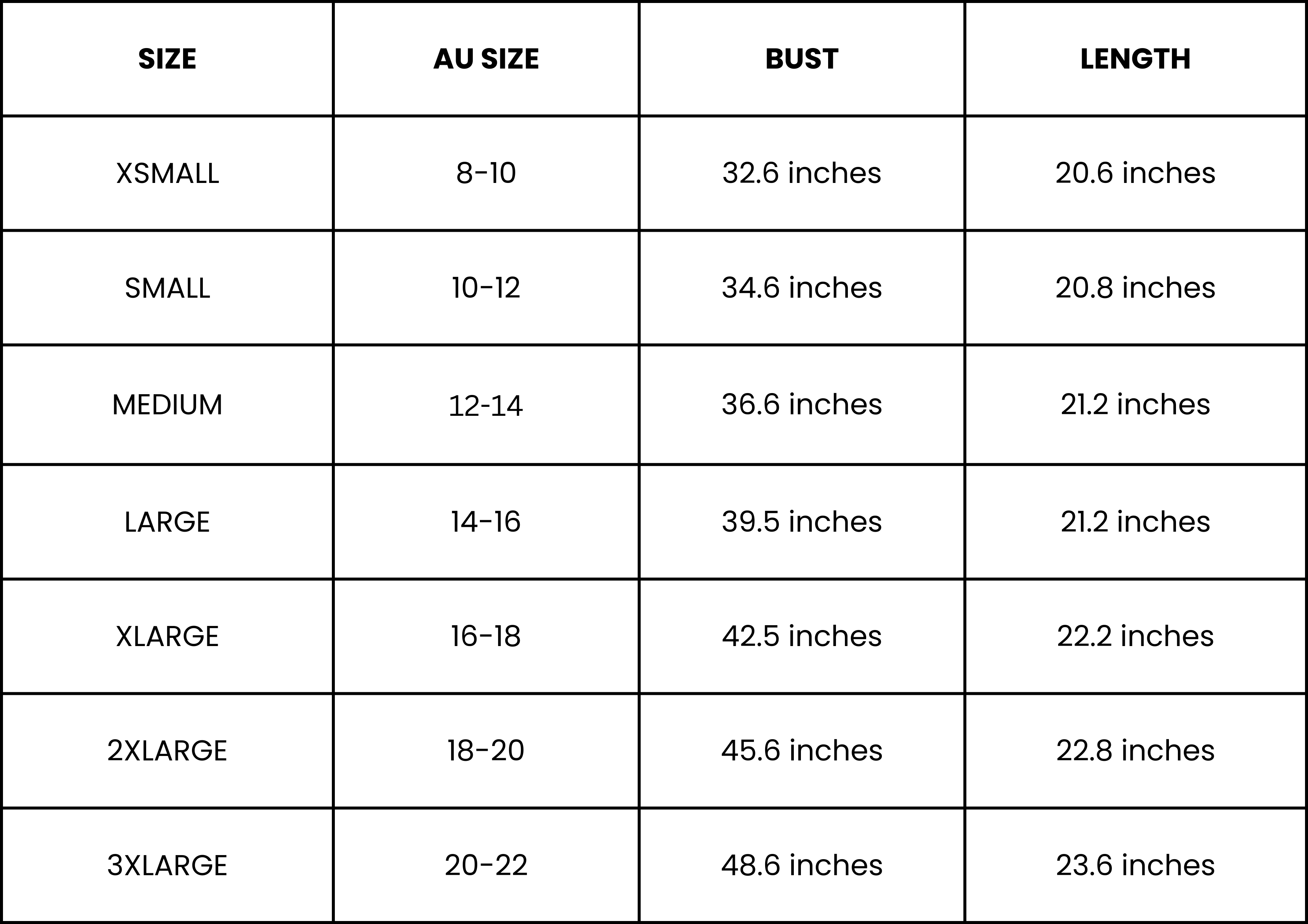 Size Guide (inches)