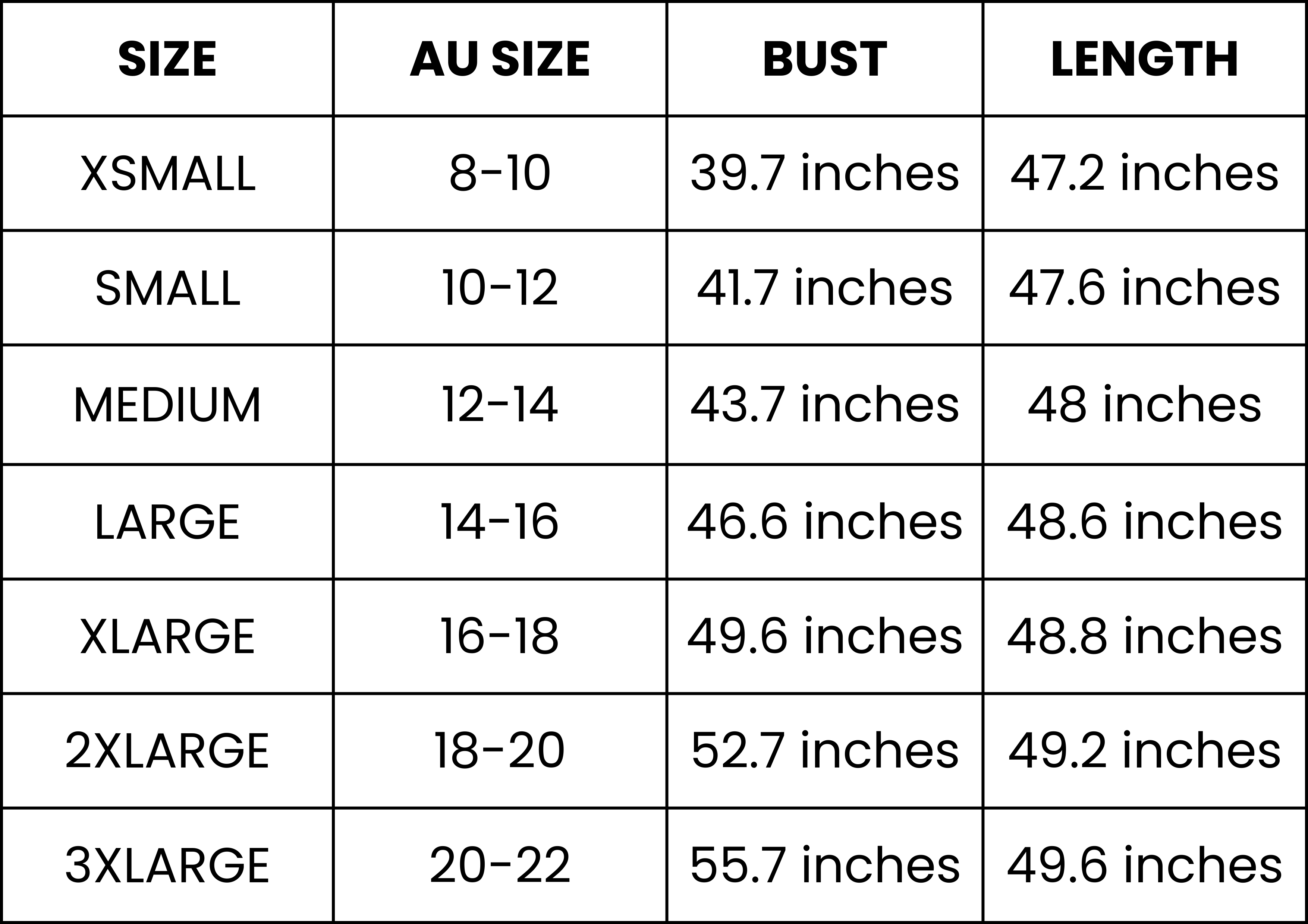 Size Guide (inches)