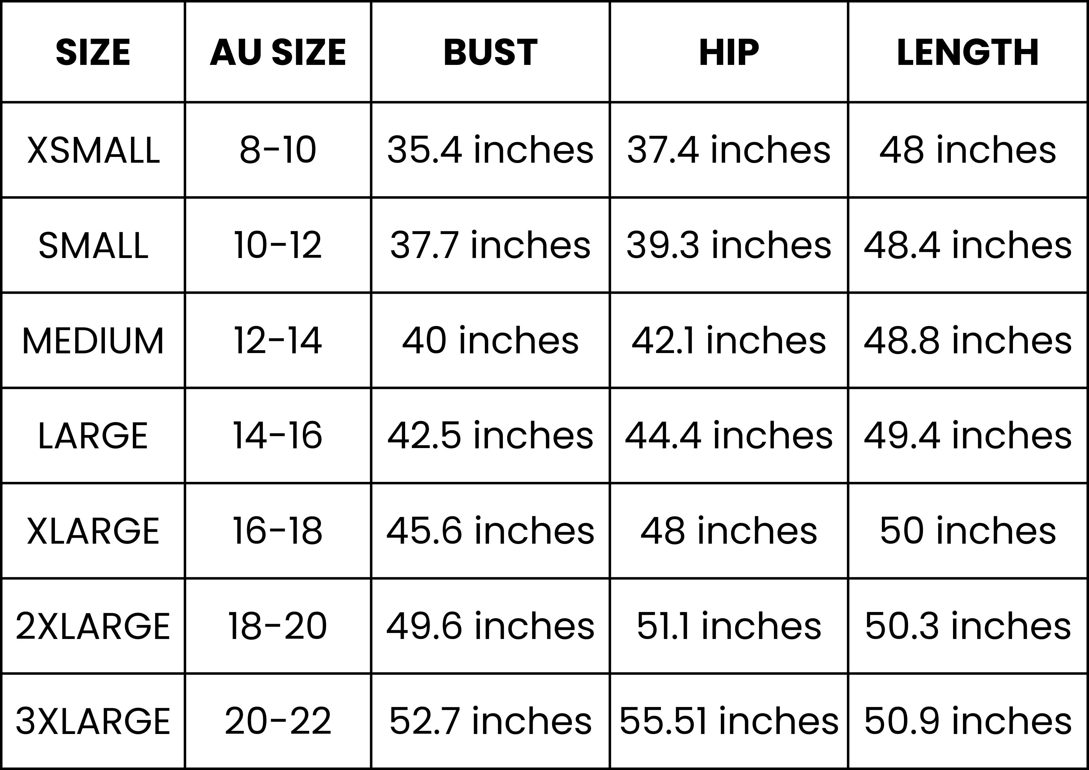 Size Guide (inches)