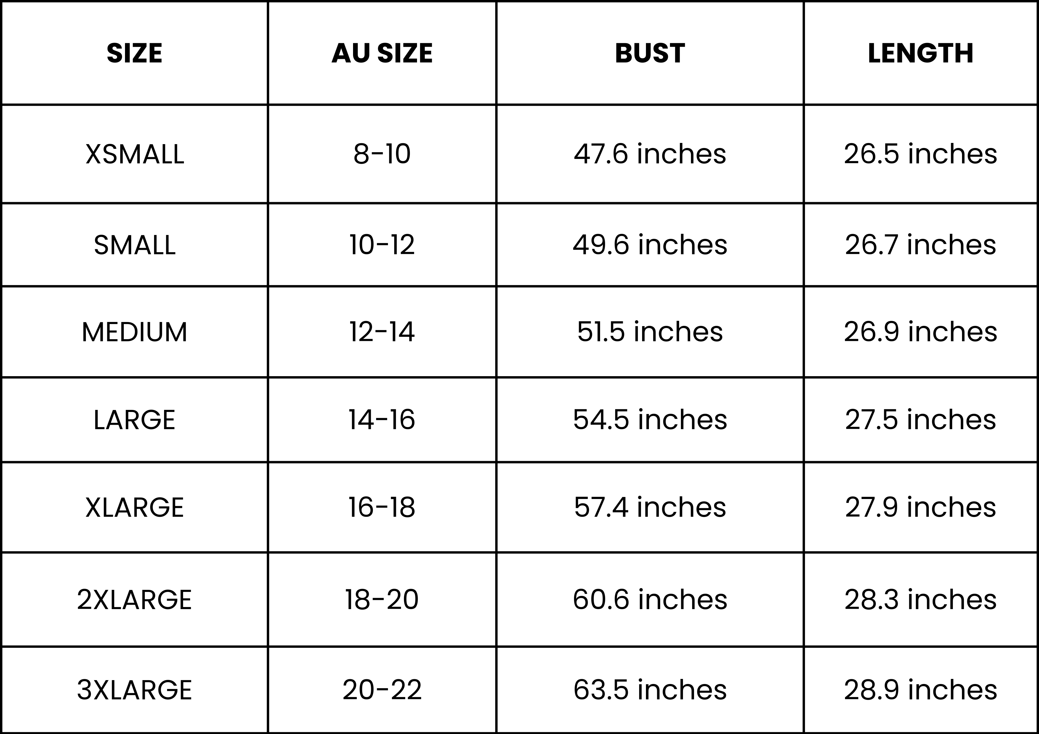 Size Guide (inches)
