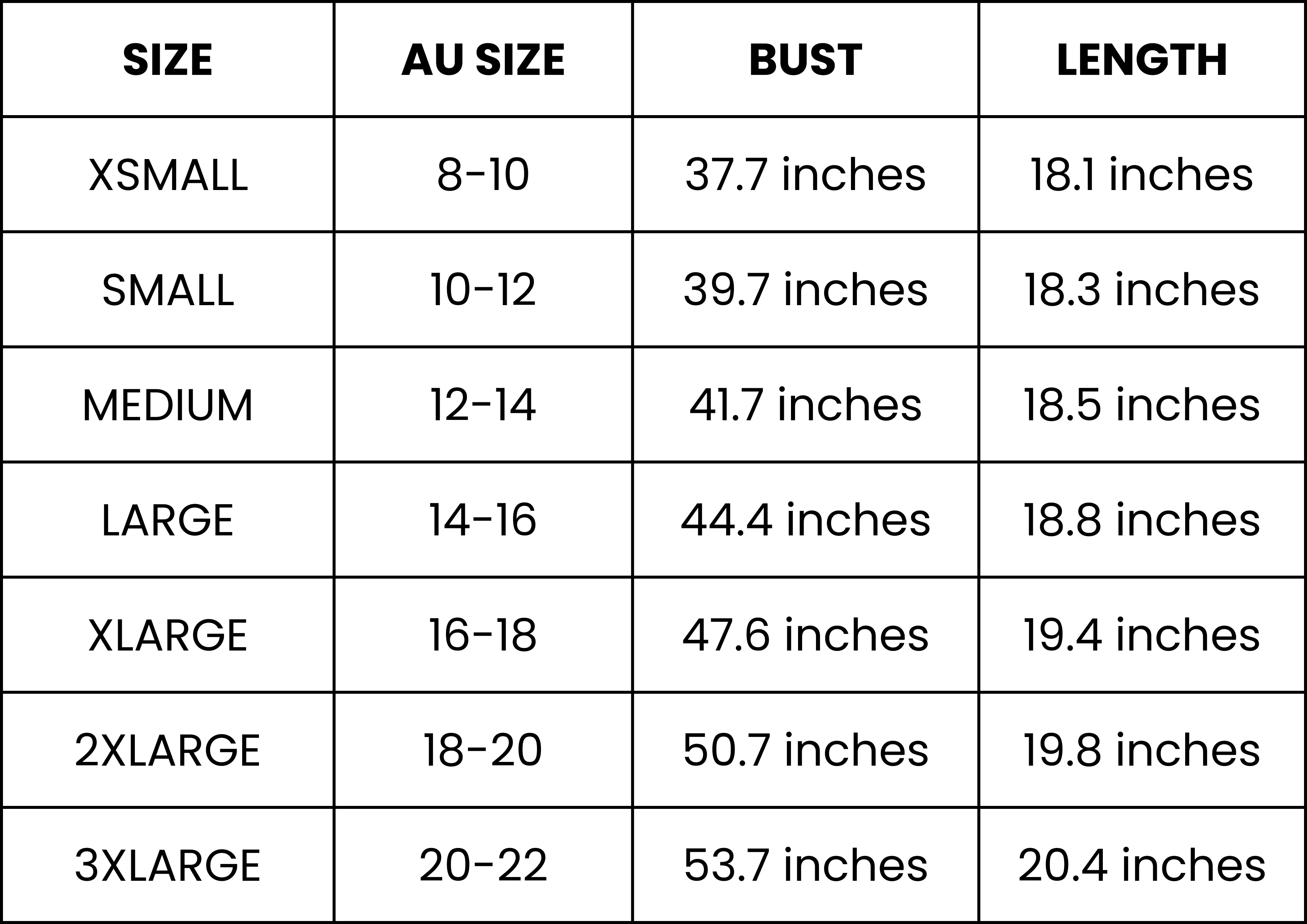 Size Guide (inches)