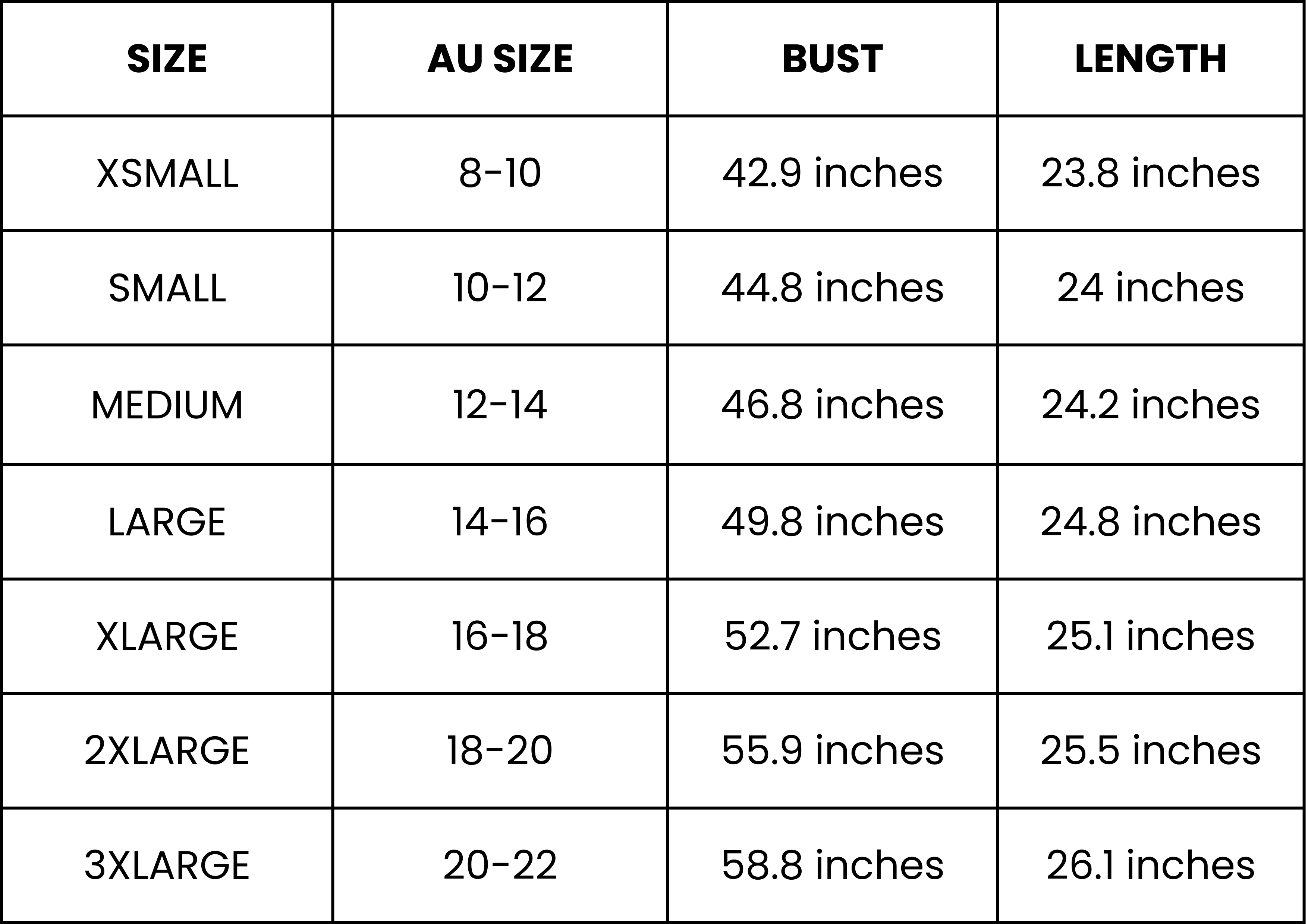 Size Guide (inches)