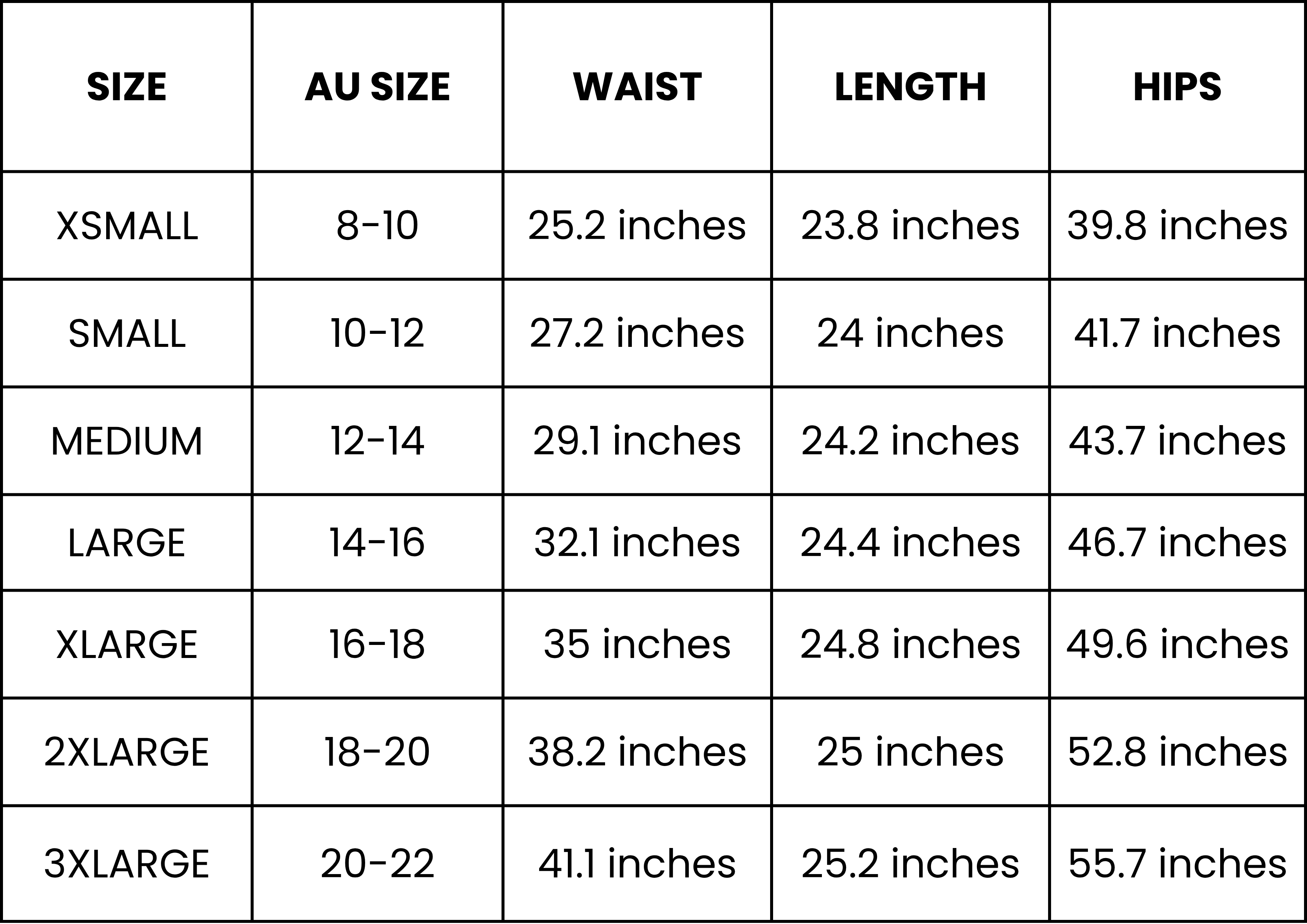 Size Guide (inches)