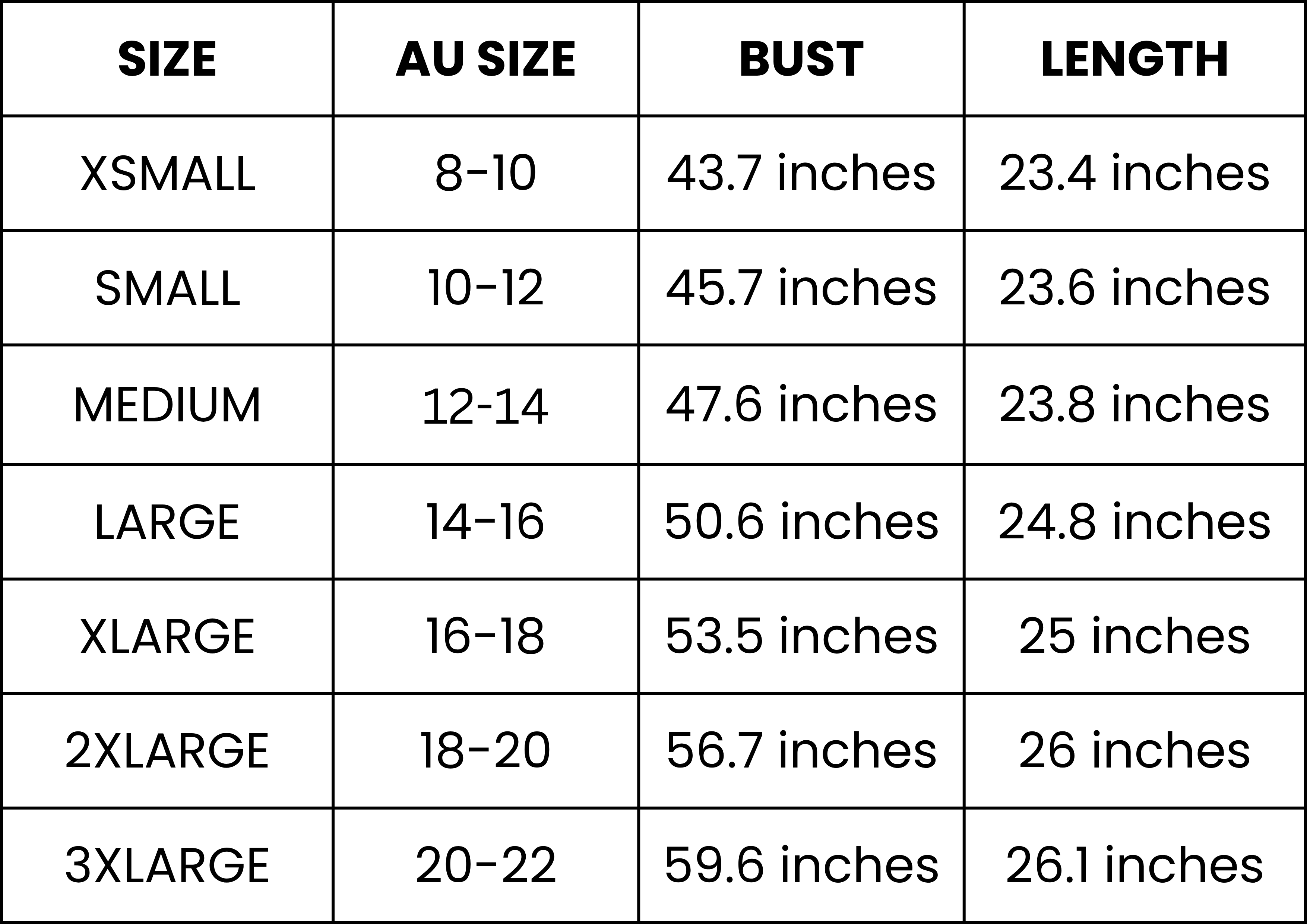 Size Guide (inches)
